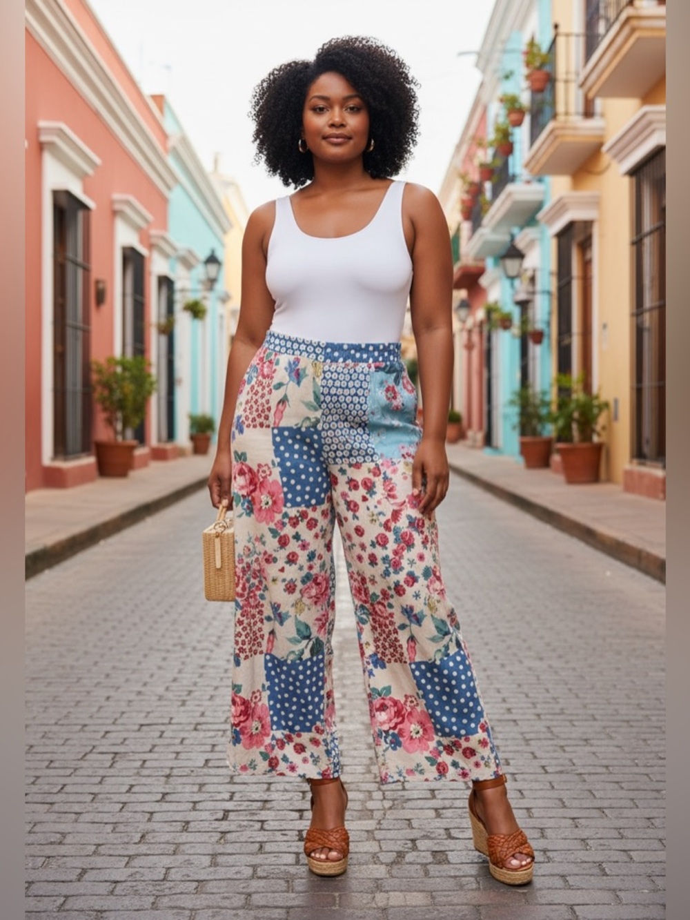Patchwork Floral Wide Leg Pants in Blue and Pink